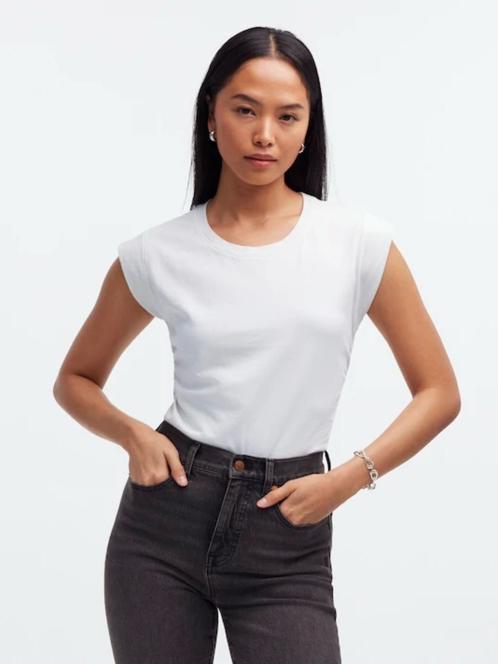 Madewell Top Side-Cinch Muscle Tee Crewneck Cap Sleeves Eyelet White Sz S
